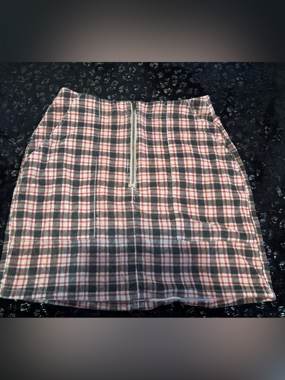 Plaid Corduroy Mini Skirt with Front Zip and Pockets